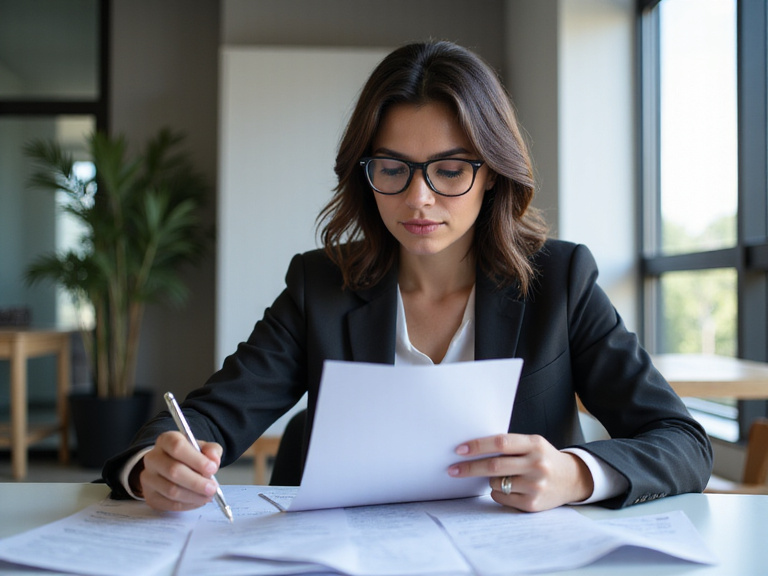 Businesswoman reviewing legal documents